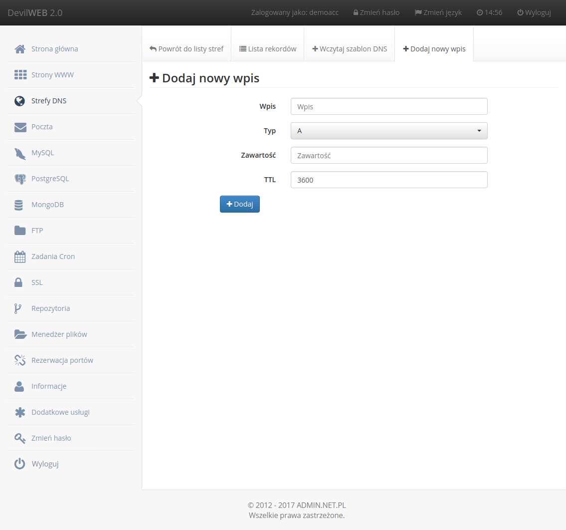 Dodanie nowego wpisu DNS
