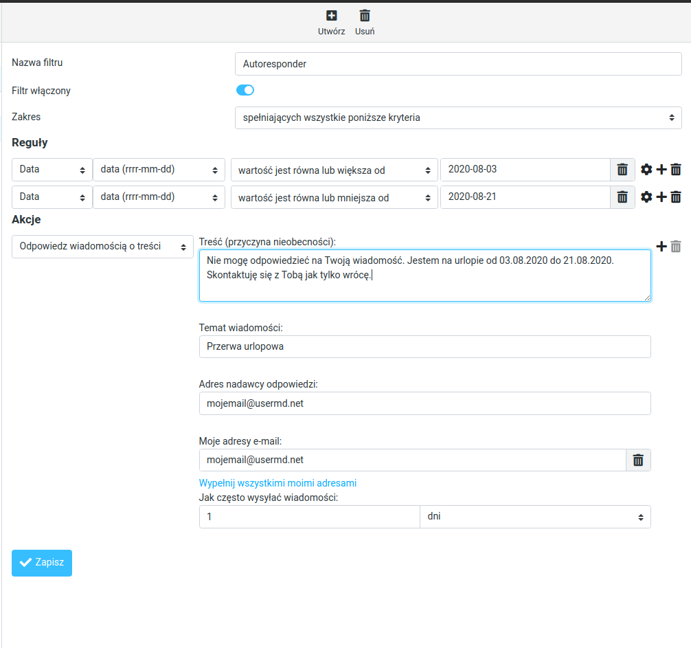 Roundcube - autoresponder z regułami